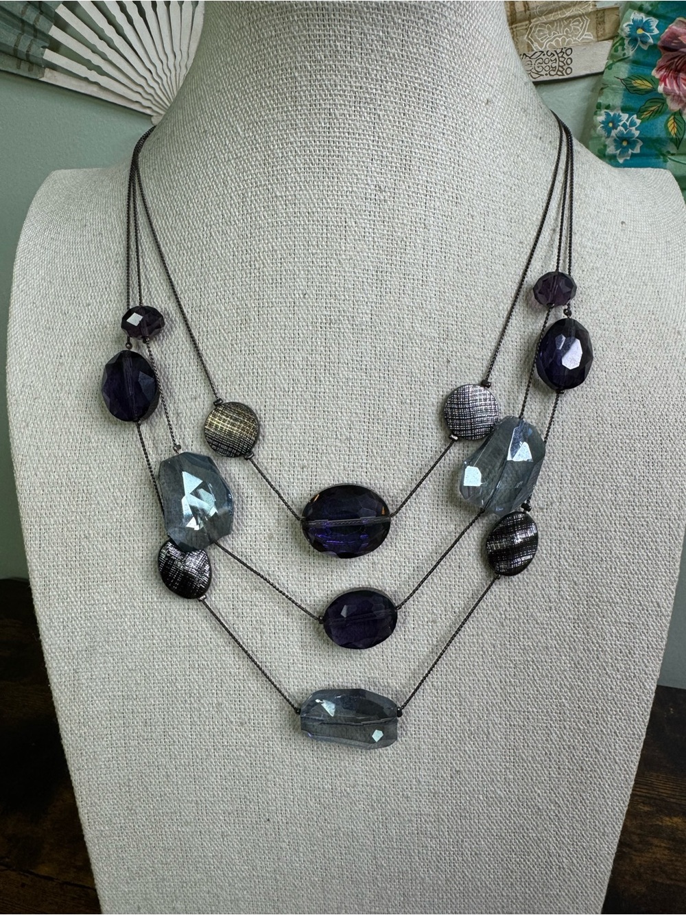 Layered Multi-Strand Beaded Necklace - Purple & Gray